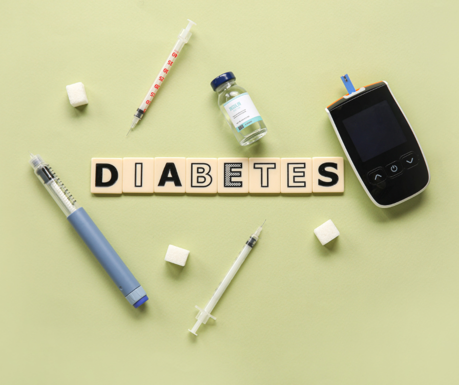 Imagem com símbolos que remetem a diabetes.